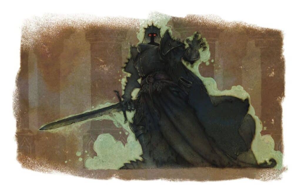 A dark, armored figure stands imposing on a textured background, wielding Dragonbane in one hand. Their eyes glow red, and a cloak billows dramatically behind them, enhancing the ominous atmosphere of their Campaign Expansion.