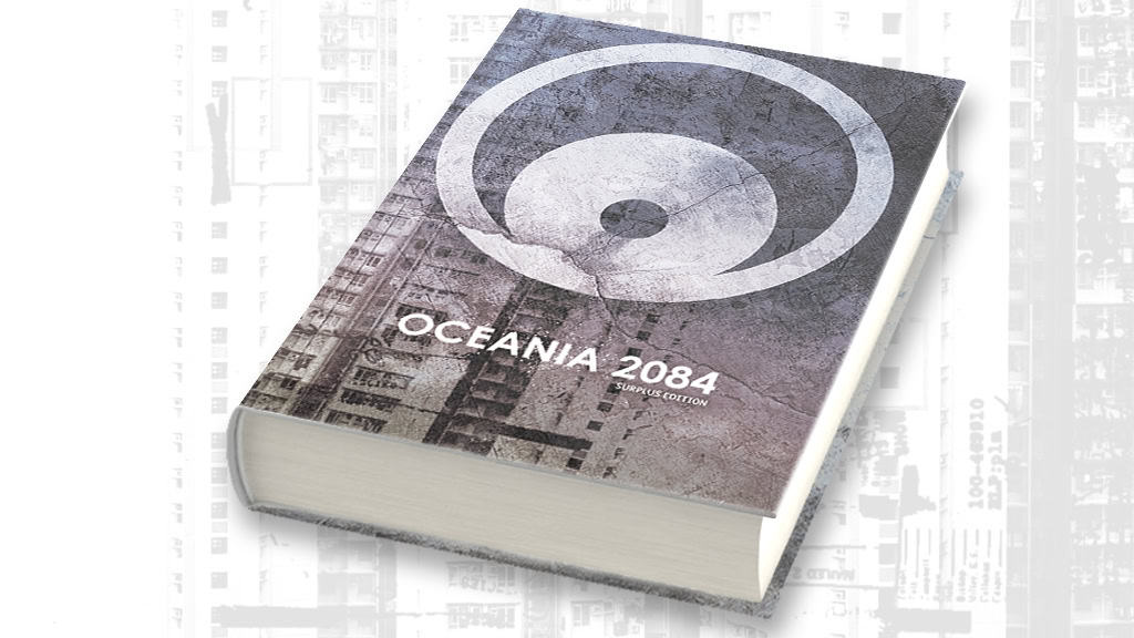 A hardback edition titled "Oceania 2084" showcases a textured gray and black cover with a large circular design and faded architectural imagery. The author's name, Suw Charman-Anderson, sits near the bottom. This thick book rests elegantly against a subtle gray background.
