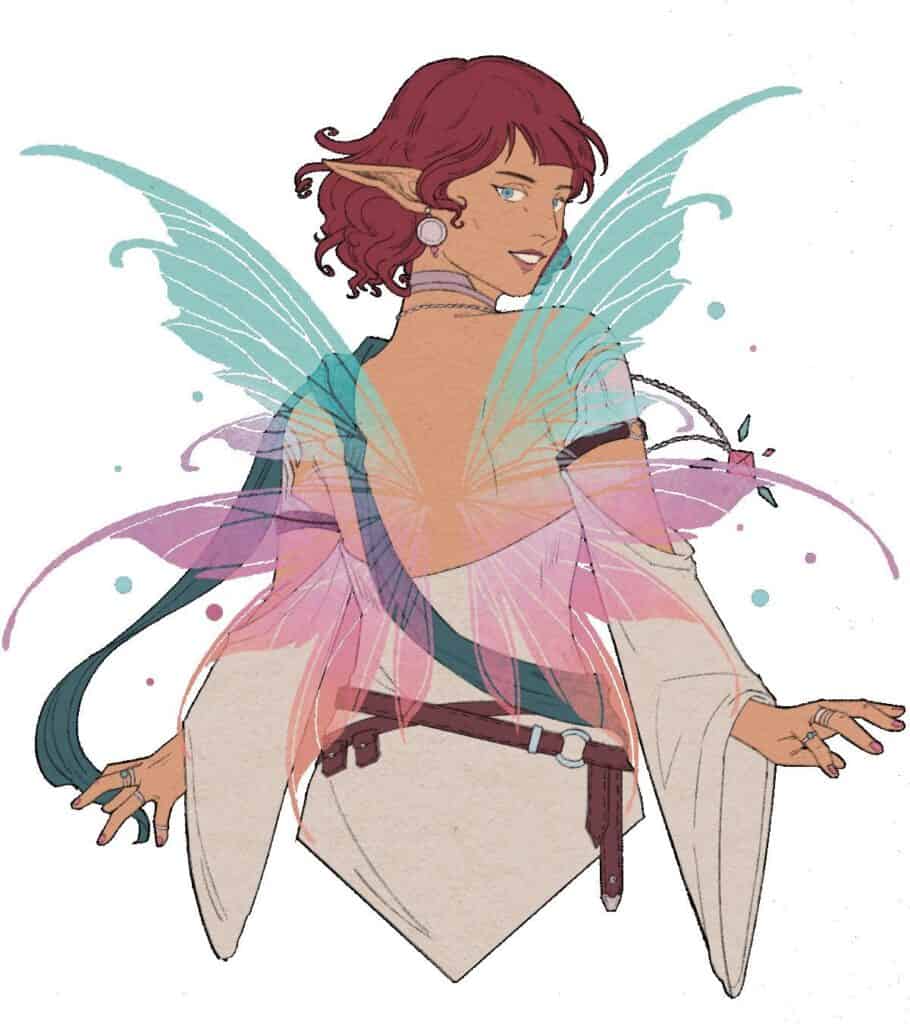 Illustration by solo creator Gabrielle Baker: a character with pink and teal fairy wings. They have short red hair, pointed ears, and wear a white and blue outfit with belts and jewelry. Smiling over their shoulder against a light background, they appear ready for an adventure in the Tenebris Realm.