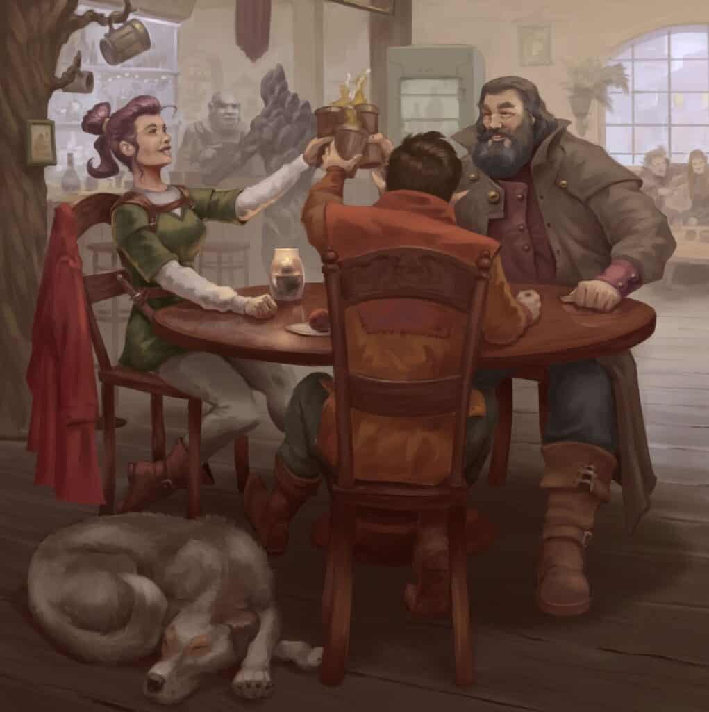 Three people in a cozy tavern raise glasses around a wooden table. A woman in a green dress and two men, one in a red shirt, the other bearded, seem to celebrate their latest TTRPG adventure. A dog sleeps on the floor nearby as the lively atmosphere of Tenebris Realm unfolds through the window.