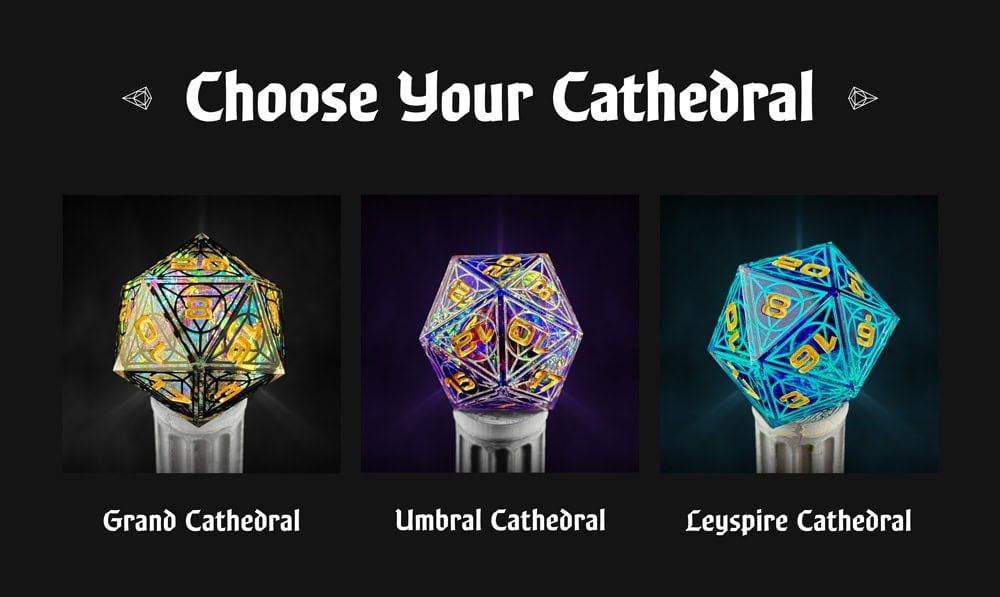 Three vibrant 20-sided dice labeled Grand Cathedral, Umbral Cathedral, and Leyspire Cathedral are on display against a dark background. The text above invites you to "Choose Your Cathedral." These RPG Dice are perfect for those who appreciate the mystique of Aether Objects.