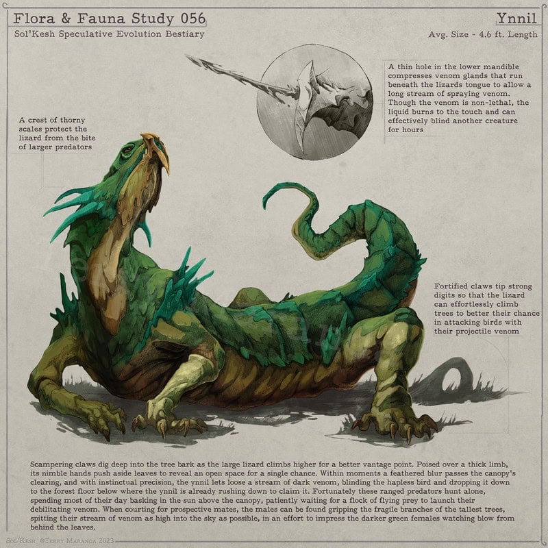 A detailed illustration from a bestiary showcases a large, green-scaled creature with a thorny crest, long tail, and thin nose. It has foliar spines and can spit venom with precision. Text explores its defensive adaptations and predatory avoidance strategies in speculative evolution context.