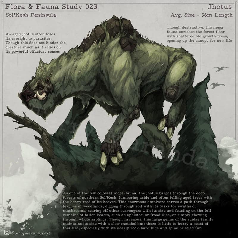 This bestiary illustration showcases a massive creature known as the Jhotus, reminiscent of a giant sloth with greenish, moss-covered fur. Standing proudly on a tree, it displays its formidable size and sharp claws, embodying speculative evolution through detailed descriptive text.