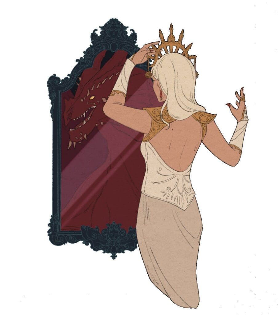 A woman with long blonde hair, wearing a golden crown and an elegant dress, stands before a mirror. The reflection reveals a red dragon from the Tenebris Realm, contrasting her human appearance. The mirror's ornate, dark frame adds to the mystique of this enchanting scene.