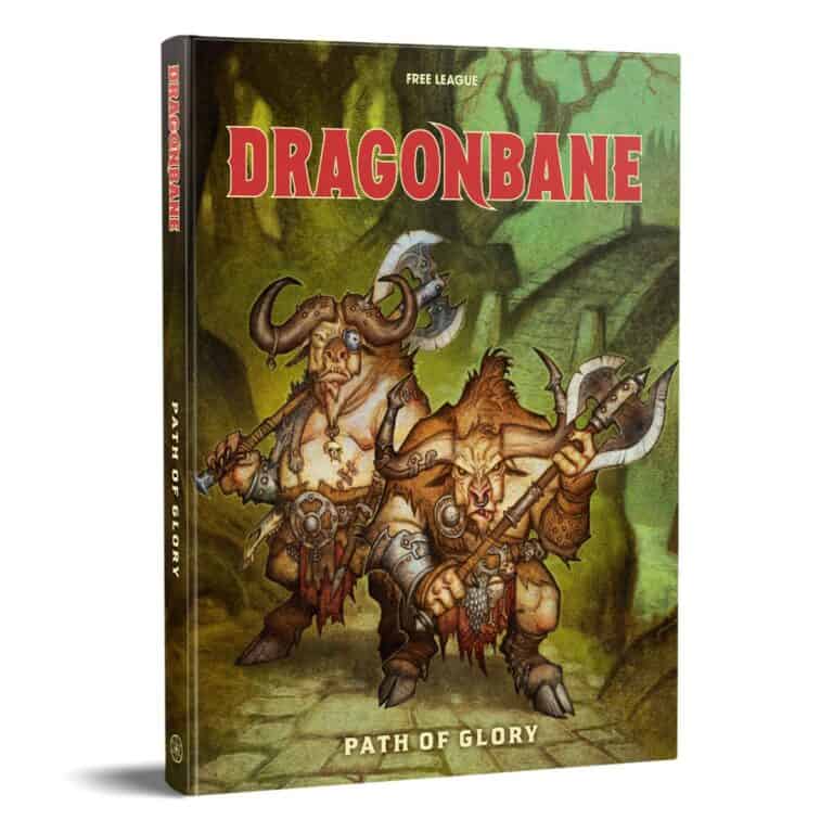 The vibrant fantasy book cover for "Dragonbane: Path of Glory" depicts two horned warriors with axes in a mystical forest. Published by Free League Publishing, the detailed art style vividly captures the adventurous spirit and fantasy allure.
