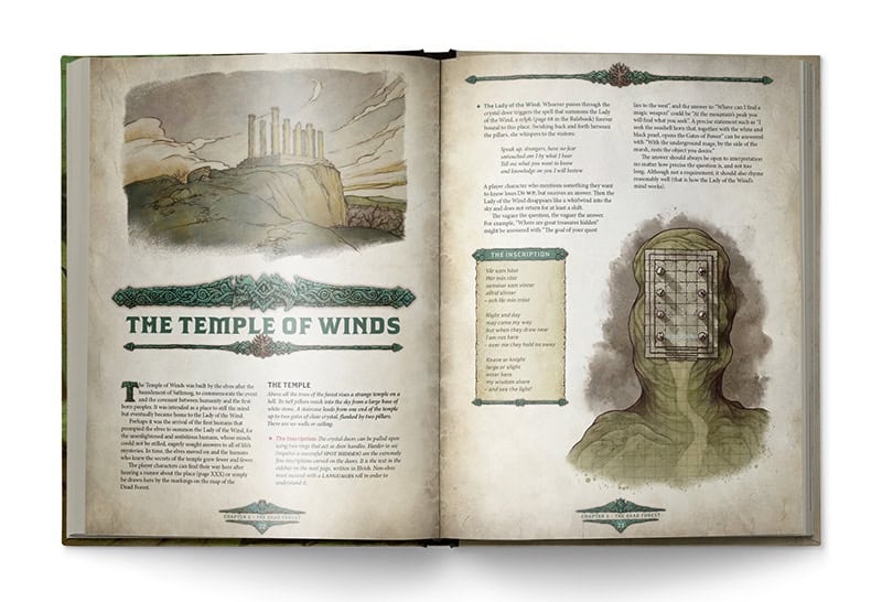 Open book with a fantasy-themed design. Left page features an illustration of a temple on a hill under cloudy skies. Right page includes text and a map for the "Path of Glory." Decorative borders and faded background enhance the mystical vibe, enticing readers into "The Temple of Winds.