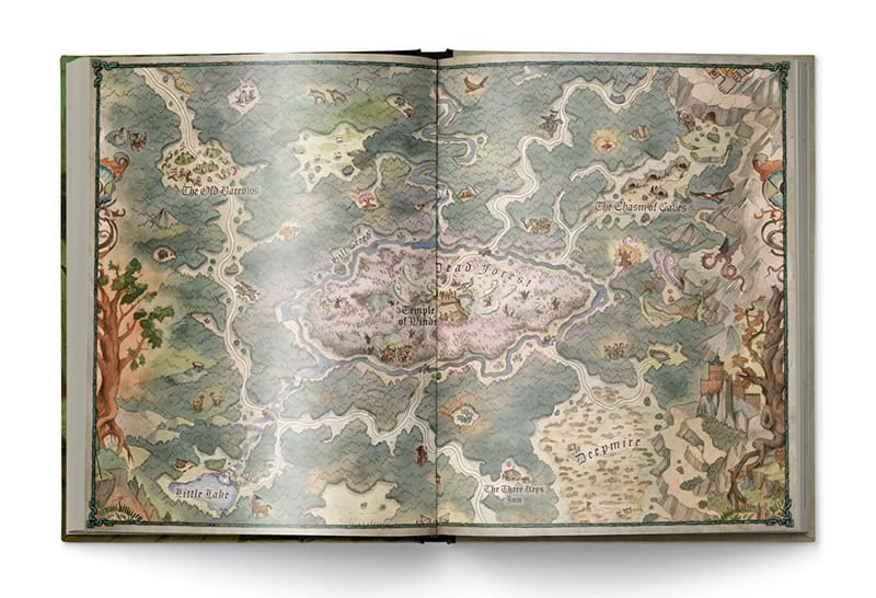 An open fantasy book displays a detailed map with islands, forests, and seas. Illustrations include mythical creatures and labeled locations such as “Old Marshes” and “Castle Dark.” This whimsical, hand-drawn map sets the scene for a Path of Glory campaign expansion in vibrant colors.