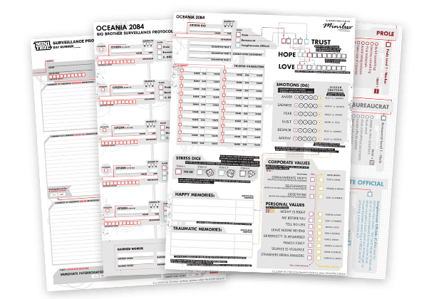Several layered character sheets from the game "Oceania 2084: Surplus Edition," available in PDF format, feature sections for personal attributes, emotions, stress levels, memories, and official information, all with a futuristic surveillance theme.