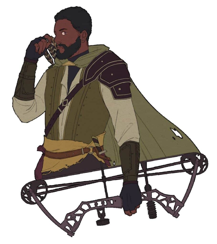 Illustration of a man with a beard, clad in green cape and armor, holding a bow with modern elements. He stands in the Tenebris Realm, thoughtful expression intact as he lifts a hand to his chin. A perfect character for any TTRPG adventure.