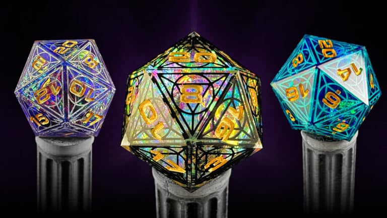 Three Gothic-Inspired RPG Dice rest on pedestals against a dark background. They feature intricate, colorful patterns with glowing numbers, in hues of blue, gold, and teal. Each die has twenty numbered sides, crafted as exquisite cathedral dice for the discerning adventurer.