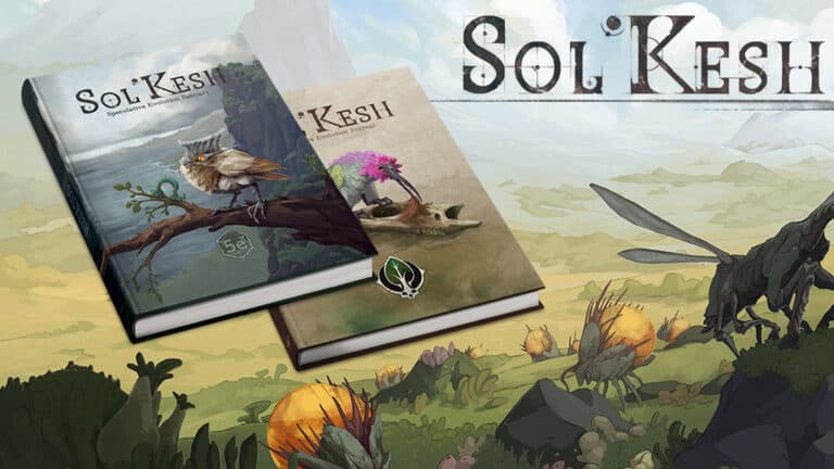 Image of two "Sol'Kesh" books against a fantasy landscape backdrop. The first book features an owl with goggles, and the second showcases a magical staff. Set against a mountainous terrain with a clear sky, this Kickstarter-exclusive series explores speculative evolution in breathtaking detail.