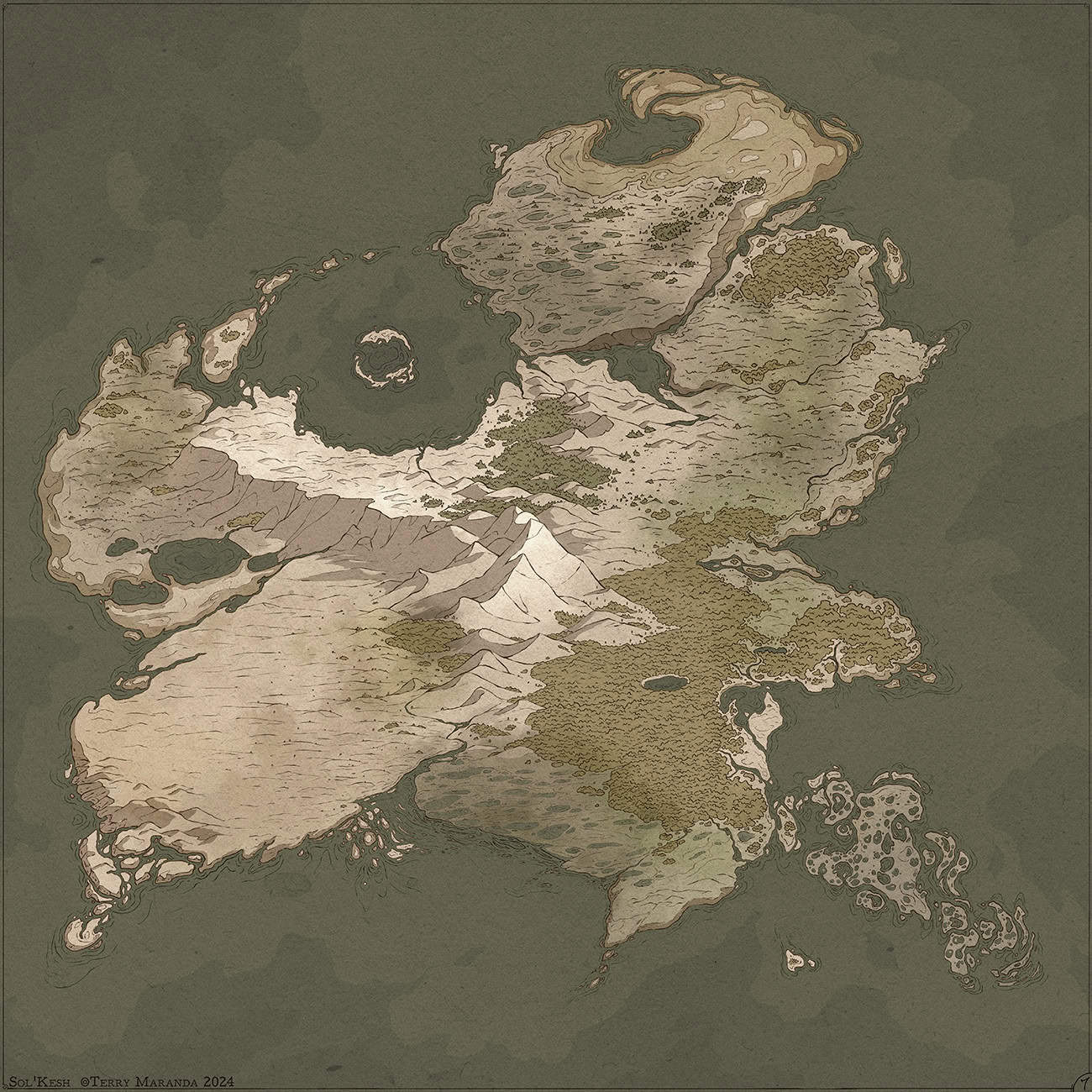 Artistic rendering of a fictional fantasy map depicting diverse landscapes, including forests, mountains, and plains. The map, reminiscent of Terry Maranda's style, is detailed with varied textures and shades of green, brown, and beige, suggesting a variety of terrains and regions.
