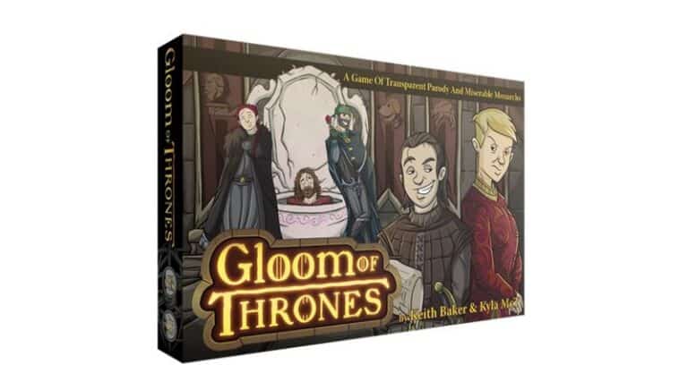The image depicts a board game box titled "Gloom of Thrones," recently funded on Kickstarter. The cover art features cartoonish medieval characters in a parody setting, with one in a bathtub and others in humorous poses. The tagline reads, "A Game of Transparent Parody and Miserable Monarchs.